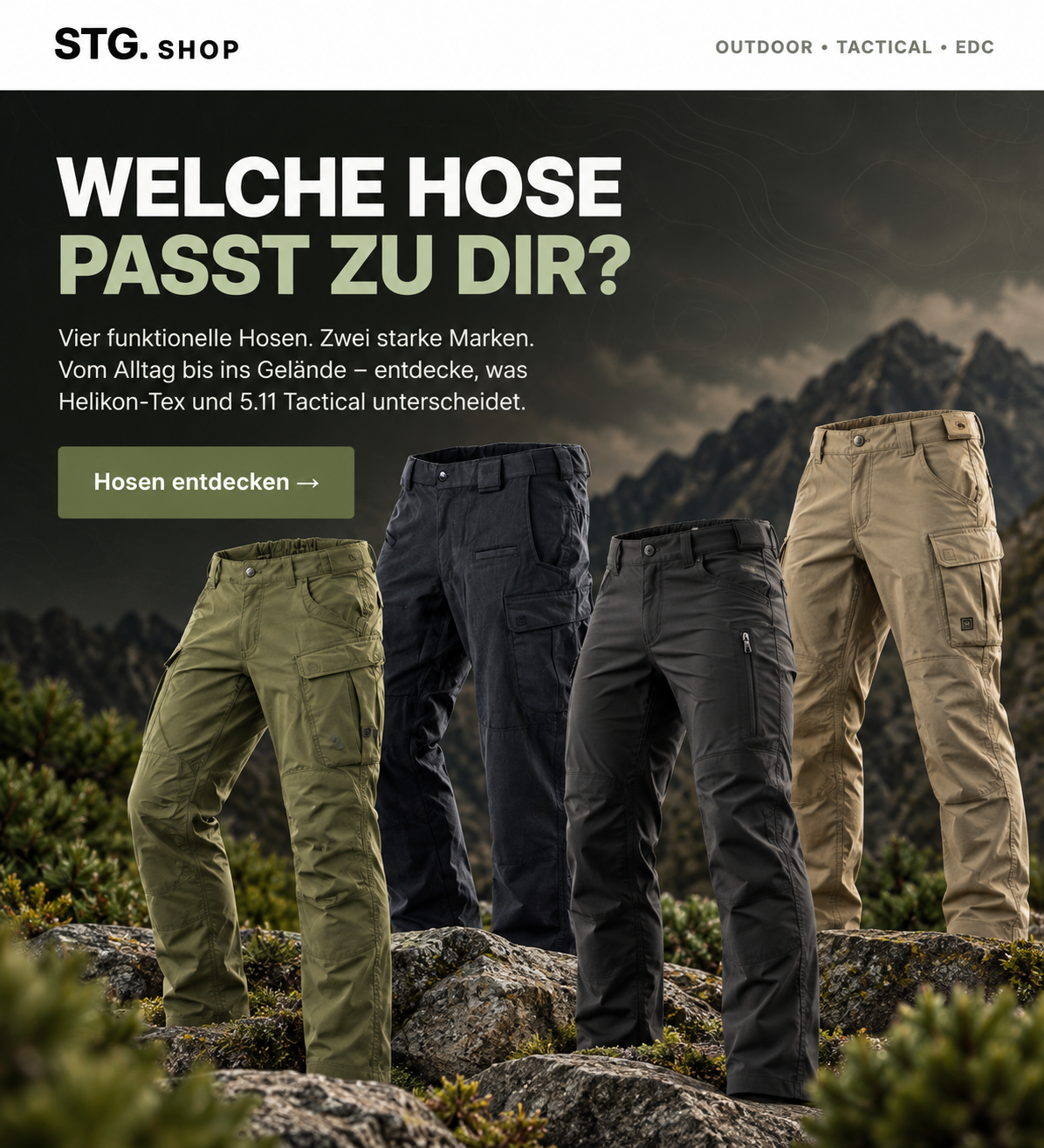 Vier taktische Hosen von Helikon-Tex und 5.11 Tactical im Vergleich für Outdoor, Alltag, Training und Reisen